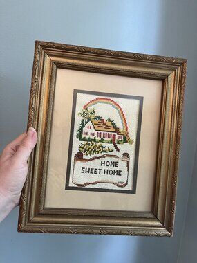 Vintage Cross Stitch "Home Sweet Home" Cottage & Rainbow In Gold Ornate Frame 10